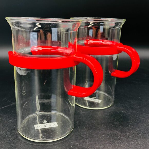 80s Bodum Denmark Red Round Handles Tall Coffee Cup PAIR Vintage Retro Kitchen - Picture 6 of 10